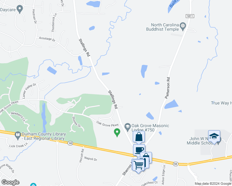 map of restaurants, bars, coffee shops, grocery stores, and more near 450 Stallings Road in Durham