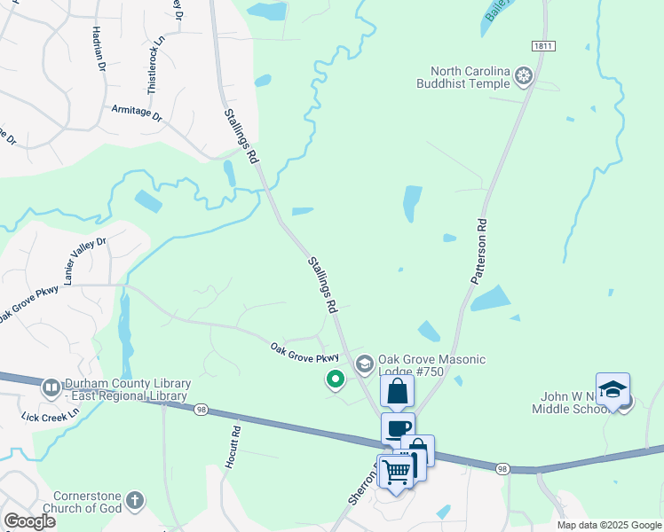 map of restaurants, bars, coffee shops, grocery stores, and more near 450 Stallings Road in Durham