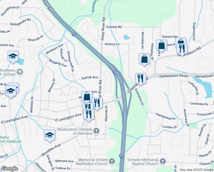 map of restaurants, bars, coffee shops, grocery stores, and more near 201 Greensboro Road in High Point