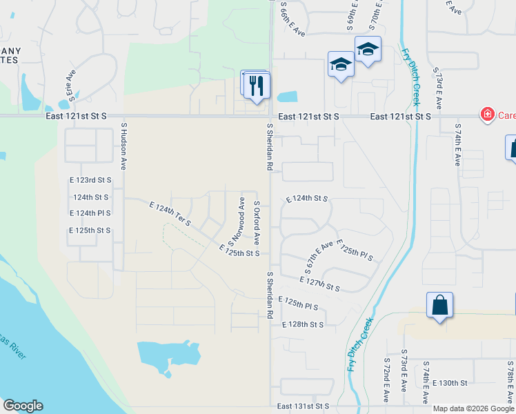 map of restaurants, bars, coffee shops, grocery stores, and more near 12412 South Oxford Avenue in Bixby