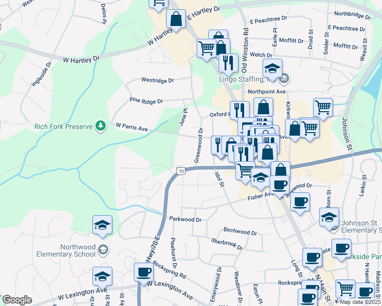 map of restaurants, bars, coffee shops, grocery stores, and more near 407 Greenwood Drive in High Point