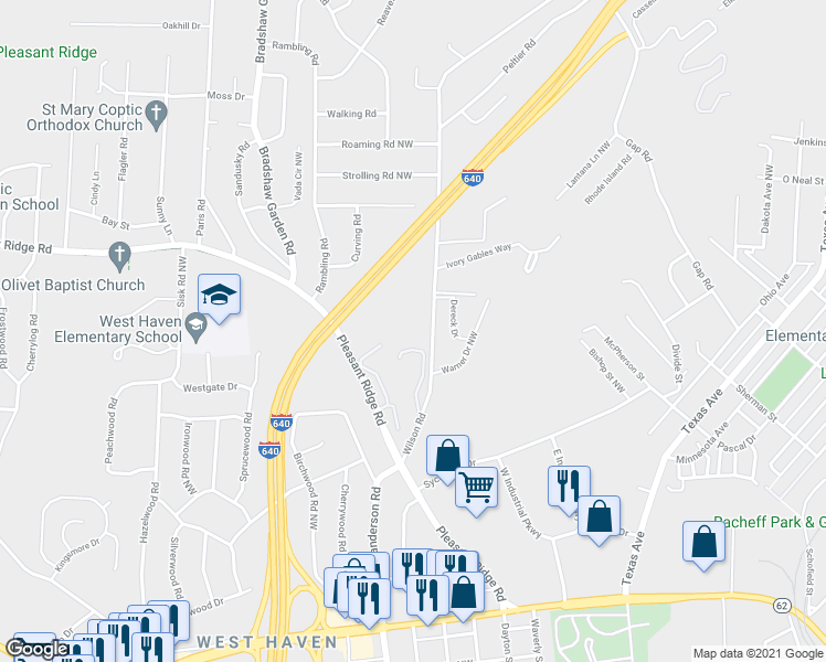 map of restaurants, bars, coffee shops, grocery stores, and more near 2155 Wilson Road in Knoxville
