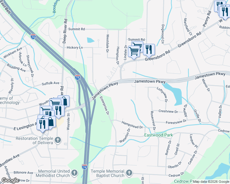 map of restaurants, bars, coffee shops, grocery stores, and more near 606 Greensboro Road in High Point