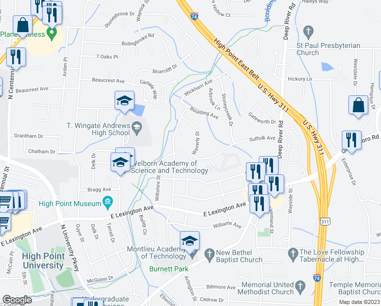 map of restaurants, bars, coffee shops, grocery stores, and more near 1611 Waverly Street in High Point