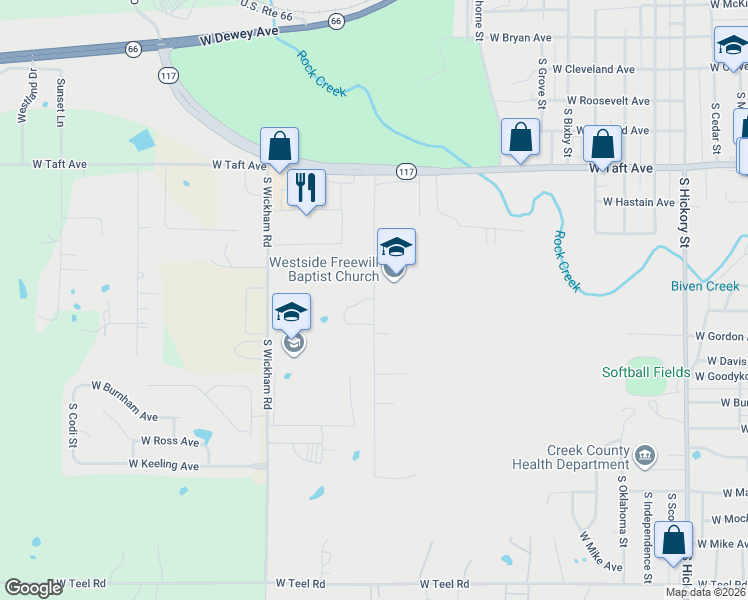 map of restaurants, bars, coffee shops, grocery stores, and more near 1585 South Cheyenne Road in Sapulpa