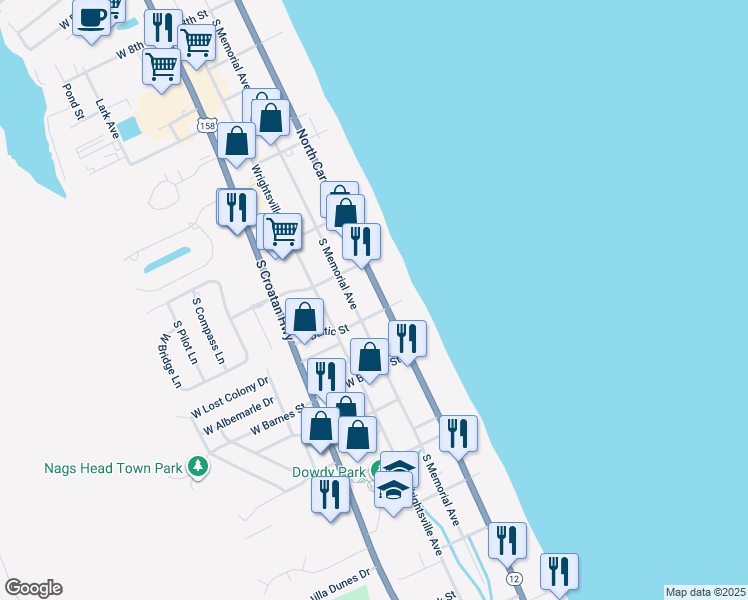 map of restaurants, bars, coffee shops, grocery stores, and more near 2701 South Virginia Dare Trail in Nags Head