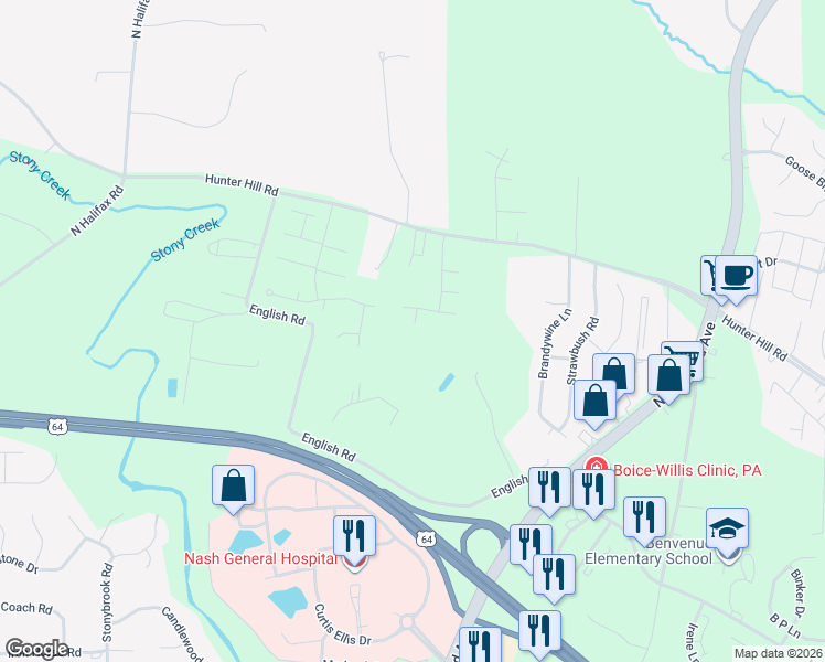 map of restaurants, bars, coffee shops, grocery stores, and more near 105 Red Maple Court in Rocky Mount