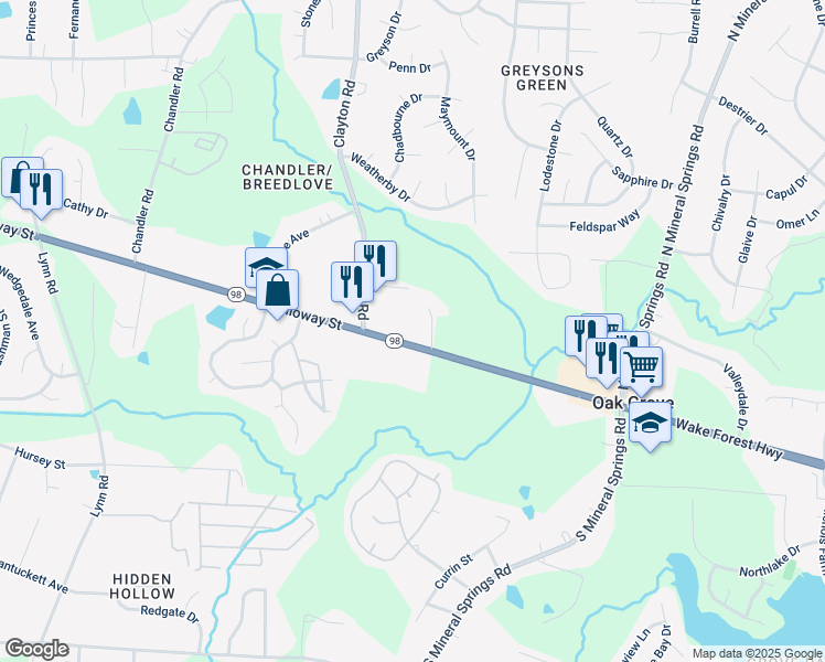 map of restaurants, bars, coffee shops, grocery stores, and more near 3421 Wake Forest Highway in Durham