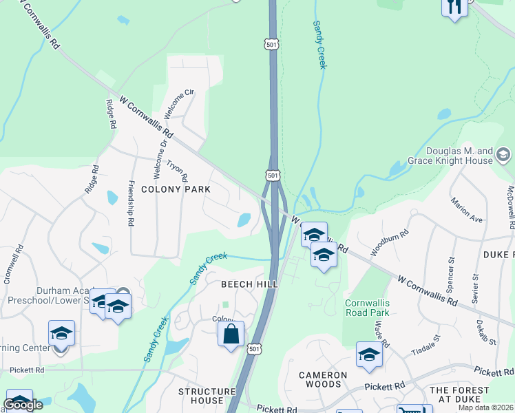 map of restaurants, bars, coffee shops, grocery stores, and more near 2008 Granville Circle in Durham