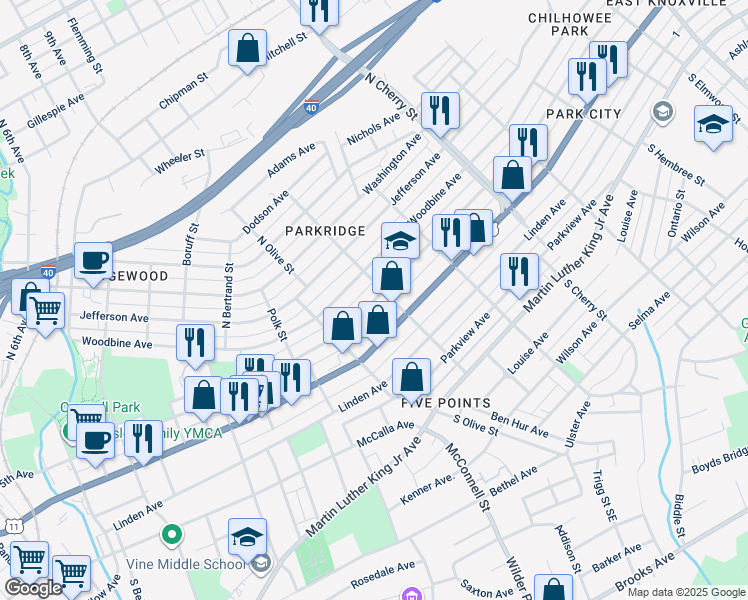 map of restaurants, bars, coffee shops, grocery stores, and more near 2346 East 5th Avenue in Knoxville
