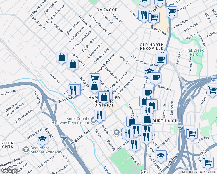 map of restaurants, bars, coffee shops, grocery stores, and more near 131 East Oklahoma Avenue in Knoxville