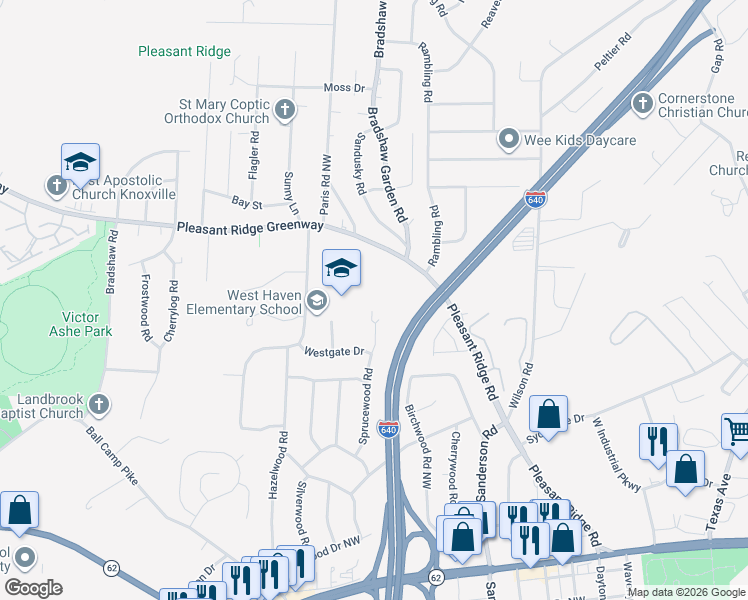 map of restaurants, bars, coffee shops, grocery stores, and more near 3612 Sprucewood Road in Knoxville