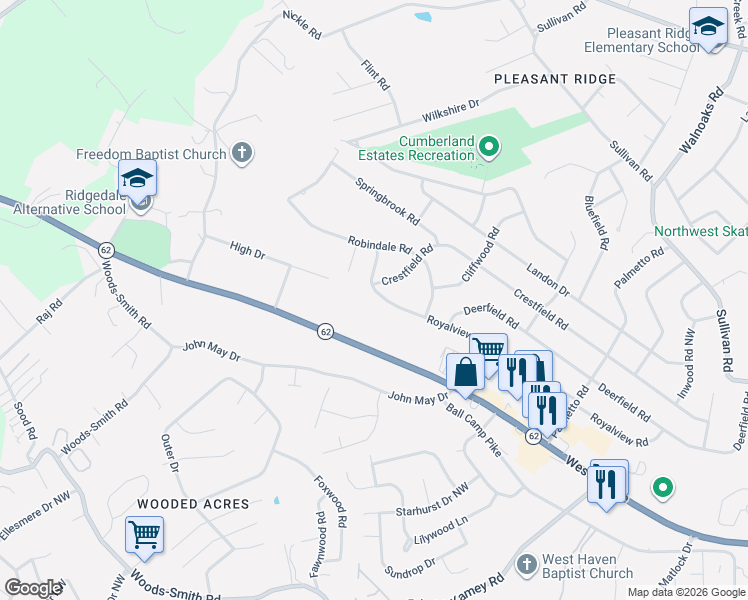 map of restaurants, bars, coffee shops, grocery stores, and more near 4524 Royalview Road in Knoxville