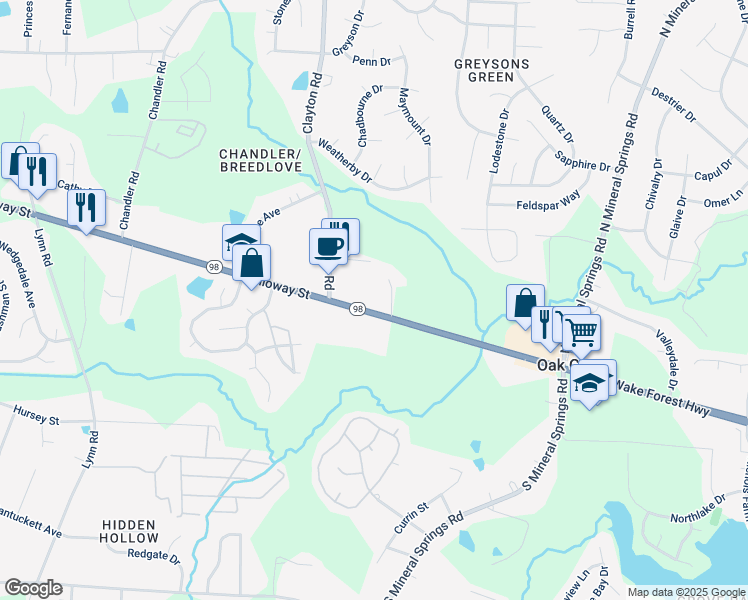 map of restaurants, bars, coffee shops, grocery stores, and more near 3421 Wake Forest Highway in Durham
