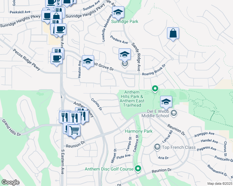 map of restaurants, bars, coffee shops, grocery stores, and more near 1256 Sonatina Drive in Henderson