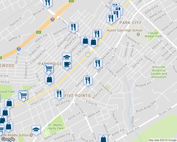 map of restaurants, bars, coffee shops, grocery stores, and more near 2501 Parkview Avenue in Knoxville