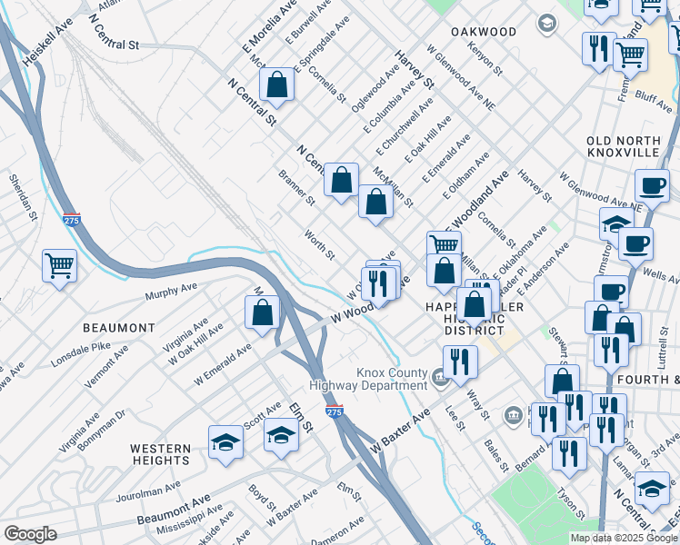 map of restaurants, bars, coffee shops, grocery stores, and more near 1613 Worth Street in Knoxville