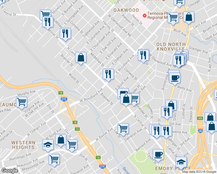 map of restaurants, bars, coffee shops, grocery stores, and more near 1465 North Central Street in Knoxville