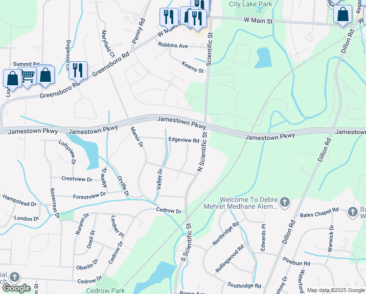 map of restaurants, bars, coffee shops, grocery stores, and more near 402 Crestline Drive in High Point