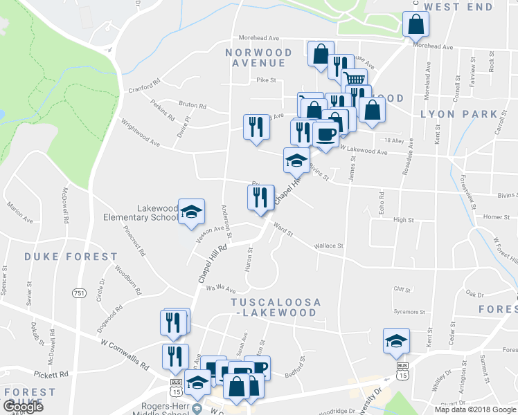 map of restaurants, bars, coffee shops, grocery stores, and more near 2116 Ward Street in Durham