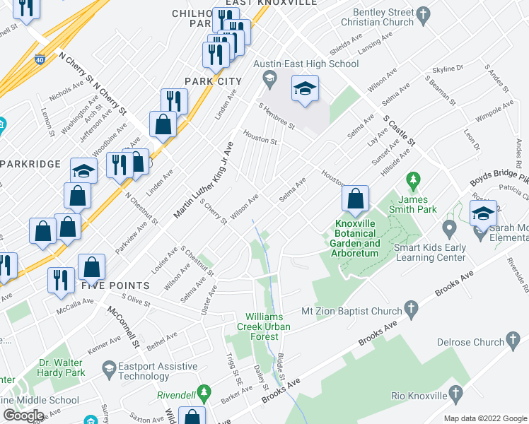 map of restaurants, bars, coffee shops, grocery stores, and more near 2647 Selma Avenue in Knoxville