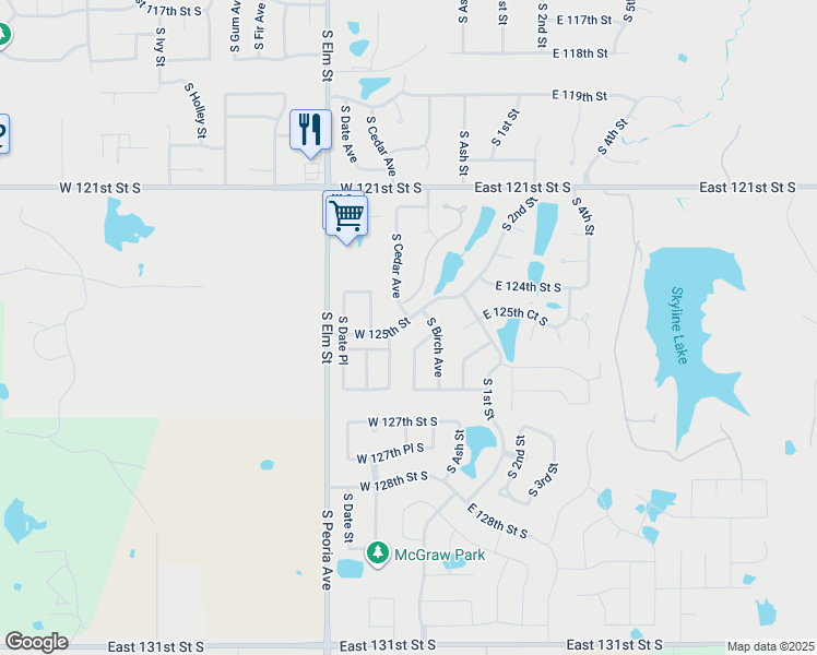 map of restaurants, bars, coffee shops, grocery stores, and more near 402 West 125th Street South in Jenks