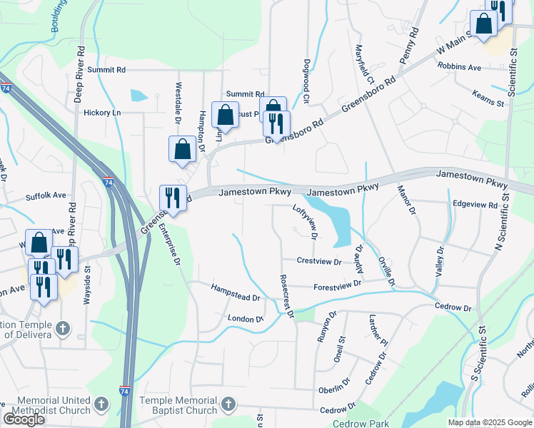 map of restaurants, bars, coffee shops, grocery stores, and more near 825 Rosecrest Drive in High Point