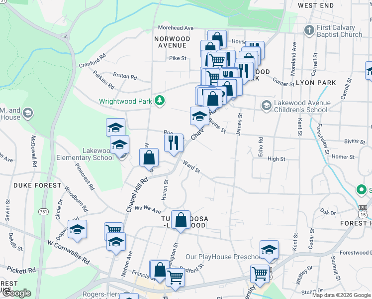 map of restaurants, bars, coffee shops, grocery stores, and more near 2211 Chapel Hill Road in Durham