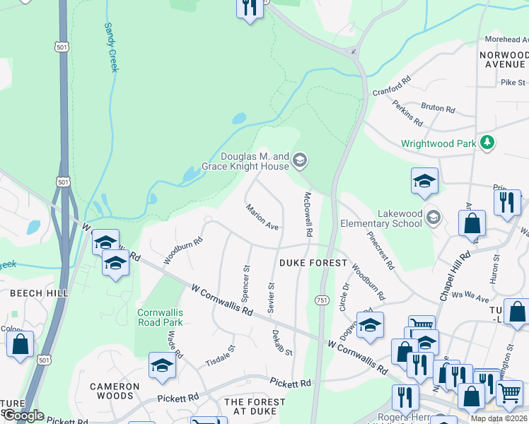 map of restaurants, bars, coffee shops, grocery stores, and more near 1636 Marion Avenue in Durham