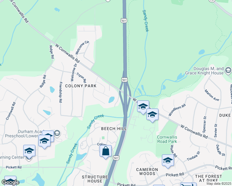 map of restaurants, bars, coffee shops, grocery stores, and more near 2201 West Cornwallis Road in Durham
