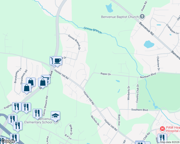 map of restaurants, bars, coffee shops, grocery stores, and more near 1037 Deerchase Drive in Rocky Mount