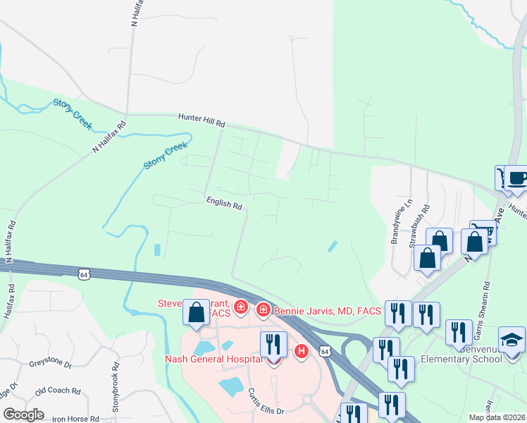 map of restaurants, bars, coffee shops, grocery stores, and more near 115 Lazy Oaks Court in Rocky Mount