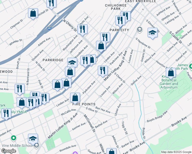 map of restaurants, bars, coffee shops, grocery stores, and more near 2457 Parkview Avenue in Knoxville