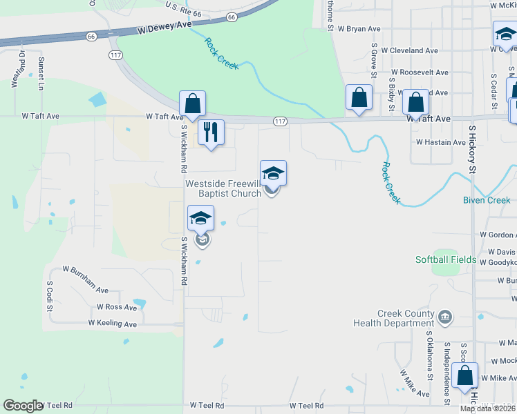 map of restaurants, bars, coffee shops, grocery stores, and more near 1585-1619 South Cheyenne Road in Sapulpa