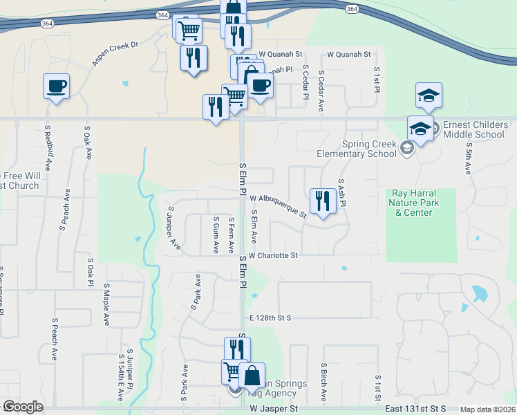 map of restaurants, bars, coffee shops, grocery stores, and more near 7404 South Date Place in Broken Arrow