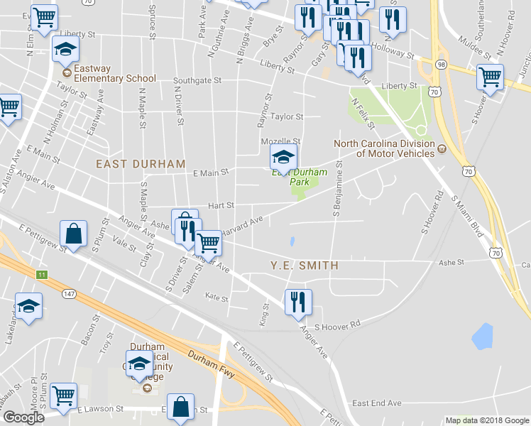 map of restaurants, bars, coffee shops, grocery stores, and more near 2411 Harvard Avenue in Durham