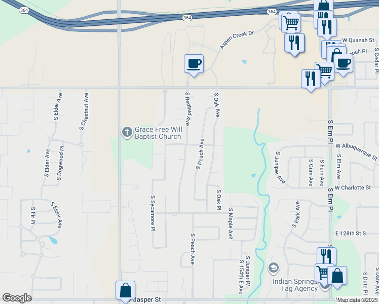 map of restaurants, bars, coffee shops, grocery stores, and more near 7013 South Redbud Avenue in Broken Arrow