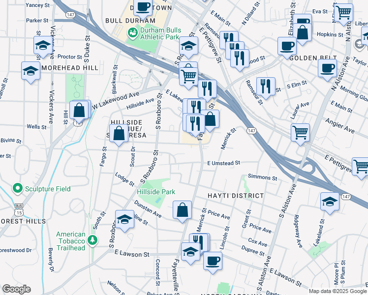 map of restaurants, bars, coffee shops, grocery stores, and more near 410 East Piedmont Avenue in Durham