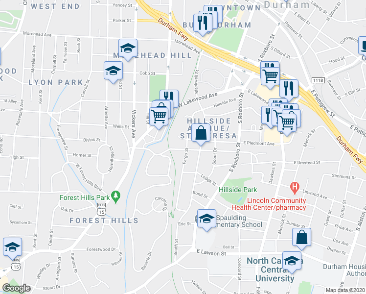 map of restaurants, bars, coffee shops, grocery stores, and more near 304 West Enterprise Street in Durham