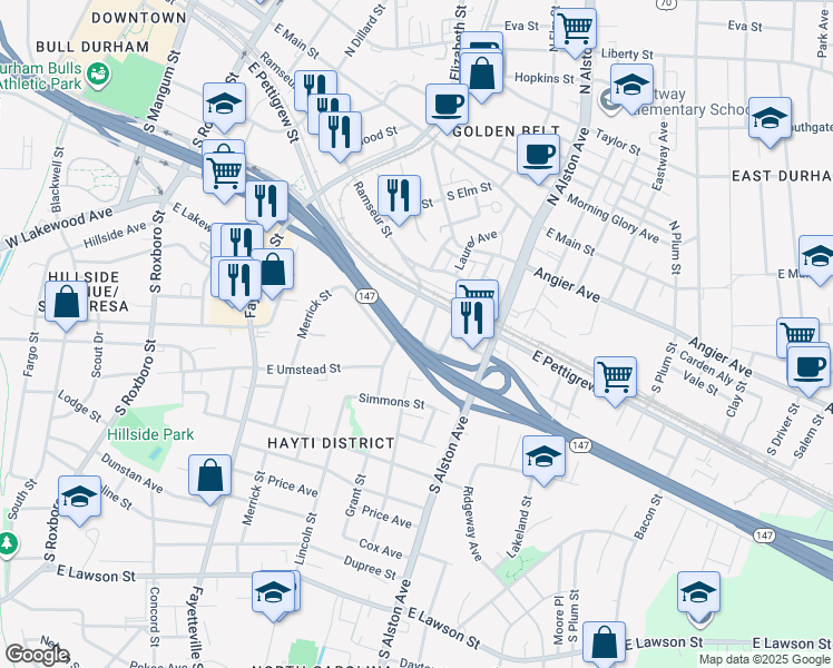 map of restaurants, bars, coffee shops, grocery stores, and more near 909 Gillette Avenue in Durham
