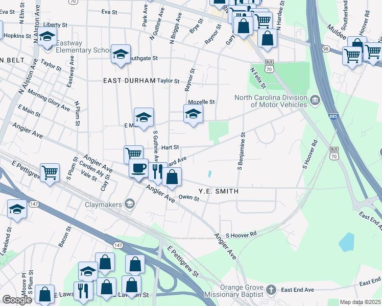 map of restaurants, bars, coffee shops, grocery stores, and more near 2411 Harvard Avenue in Durham