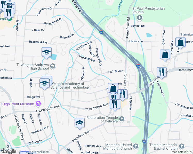 map of restaurants, bars, coffee shops, grocery stores, and more near 2522 Suffolk Avenue in High Point