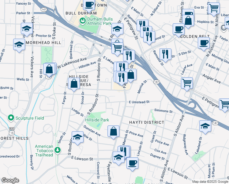 map of restaurants, bars, coffee shops, grocery stores, and more near 410 East Piedmont Avenue in Durham