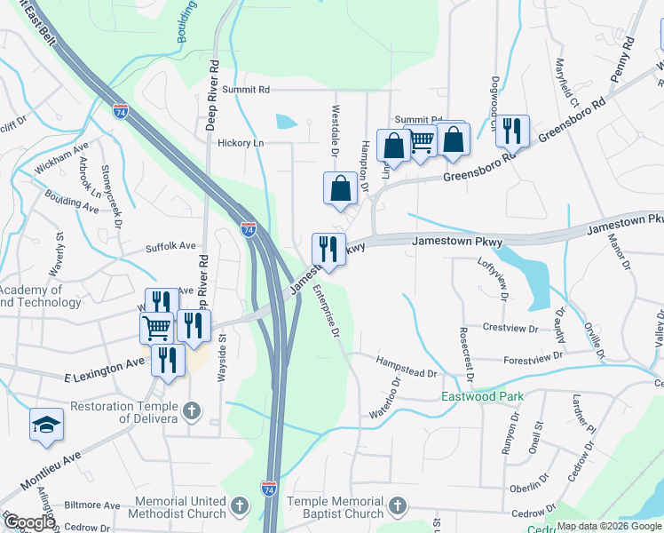map of restaurants, bars, coffee shops, grocery stores, and more near 606 Greensboro Road in High Point