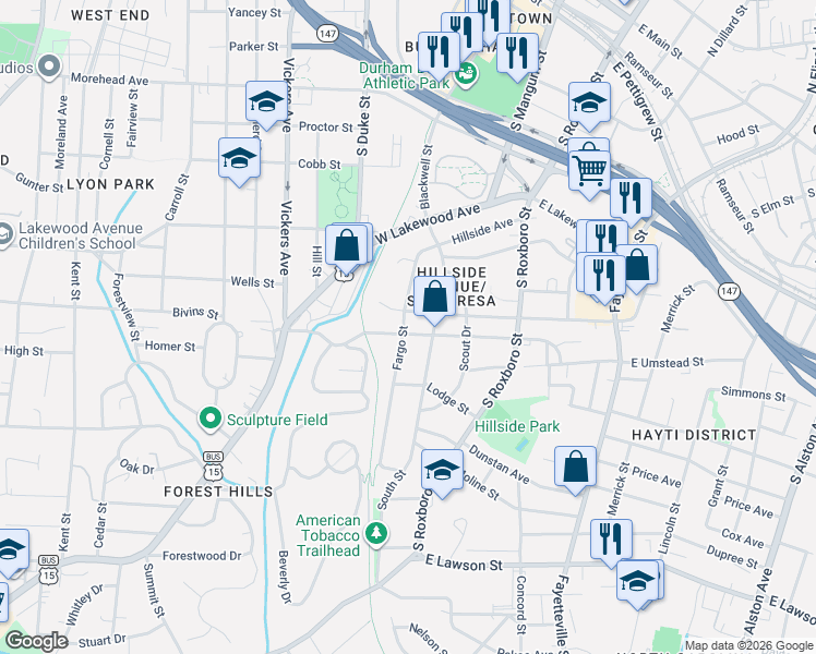 map of restaurants, bars, coffee shops, grocery stores, and more near 301 West Enterprise Street in Durham