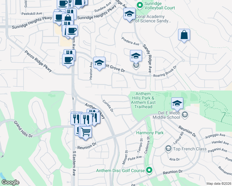 map of restaurants, bars, coffee shops, grocery stores, and more near 1236 Sonatina Drive in Henderson