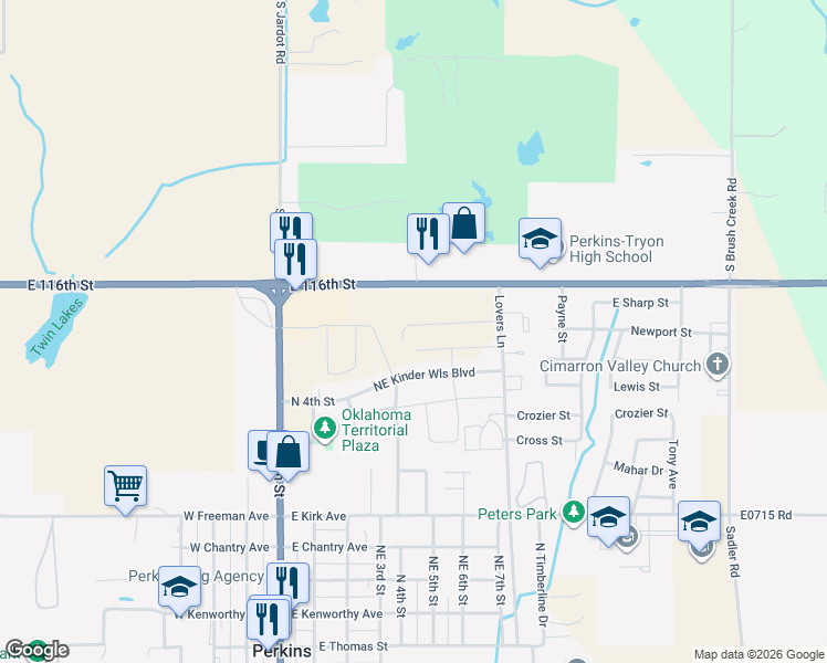map of restaurants, bars, coffee shops, grocery stores, and more near 414 East Kinder/Wells Boulevard in Perkins
