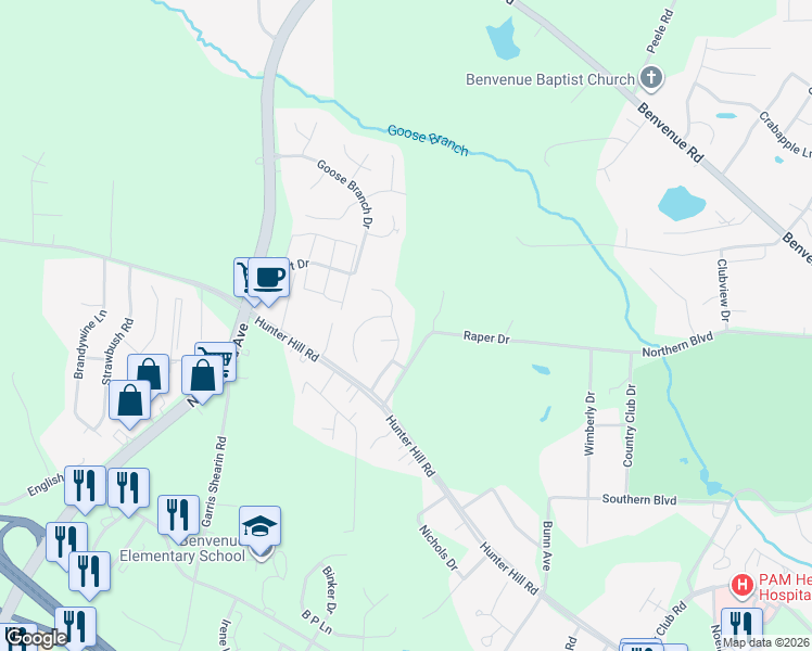 map of restaurants, bars, coffee shops, grocery stores, and more near 1037 Deerchase Drive in Rocky Mount
