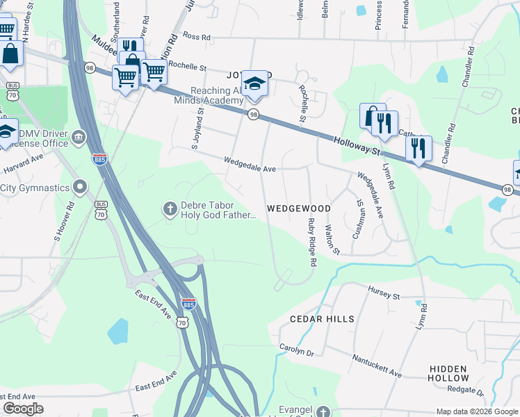 map of restaurants, bars, coffee shops, grocery stores, and more near 3551 Carr Road in Durham