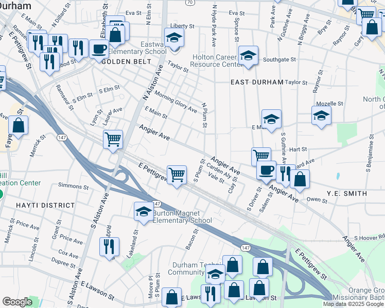 map of restaurants, bars, coffee shops, grocery stores, and more near 1601 Vale Street in Durham